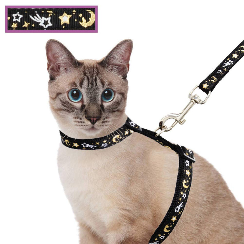 Cat Harness and Leash Set for Outdoor Walking Escape Proof Adjustable Soft Safety Strap with Golden Star and Moon Design Glow in The Dark Black XL - PawsPlanet Australia