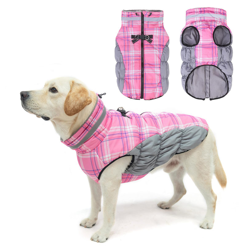 BEAUTYZOO Plaid Dog Coat, Upgraded Reflective Jacket Fleece Padded with Built-in Harness, Waterproof Puffer Vest Turtleneck Pet Apparel for Small to Large Dogs, Pink XXXL XXXL (Back: 27.8",Chest: 43.3", Neck: 29.7")