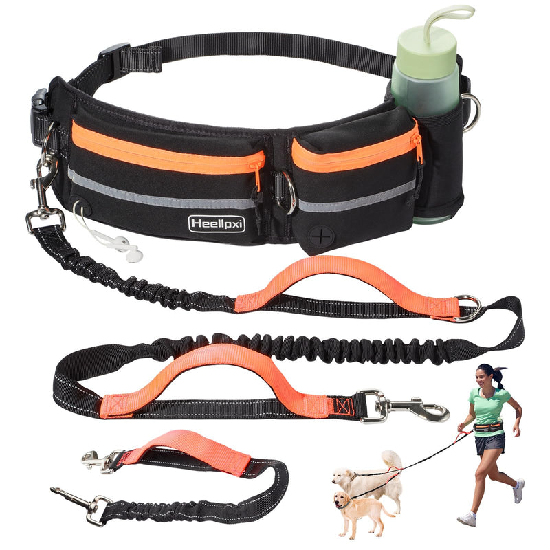 Hands Free Dog Leash for Medium Large Dogs（30lb-130lb） Multifunctional Waist Pack, Reflective Stitching | Retractable Running Leash for Training Hiking Jogging | Dual Handle Bungee | Orange - PawsPlanet Australia