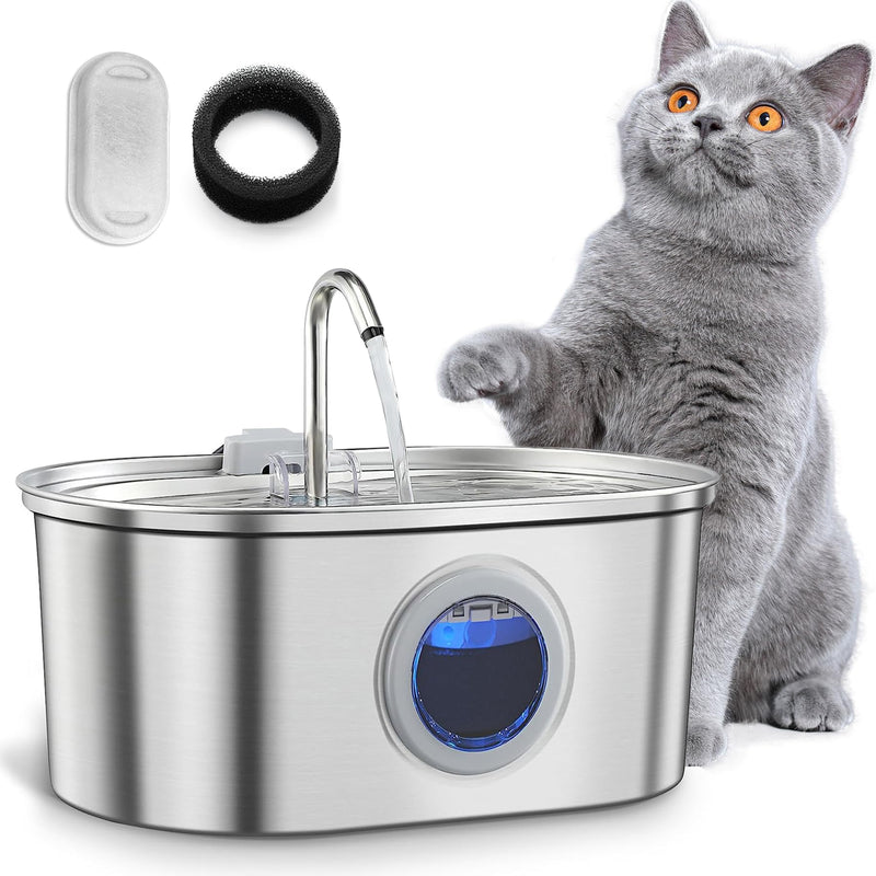 Cat Water Fountain Stainless Steel with Water Level Window,108oz/3.2L Cat Fountain Quiet Automatic Pet Water Fountain for Cats and Small Dogs - PawsPlanet Australia