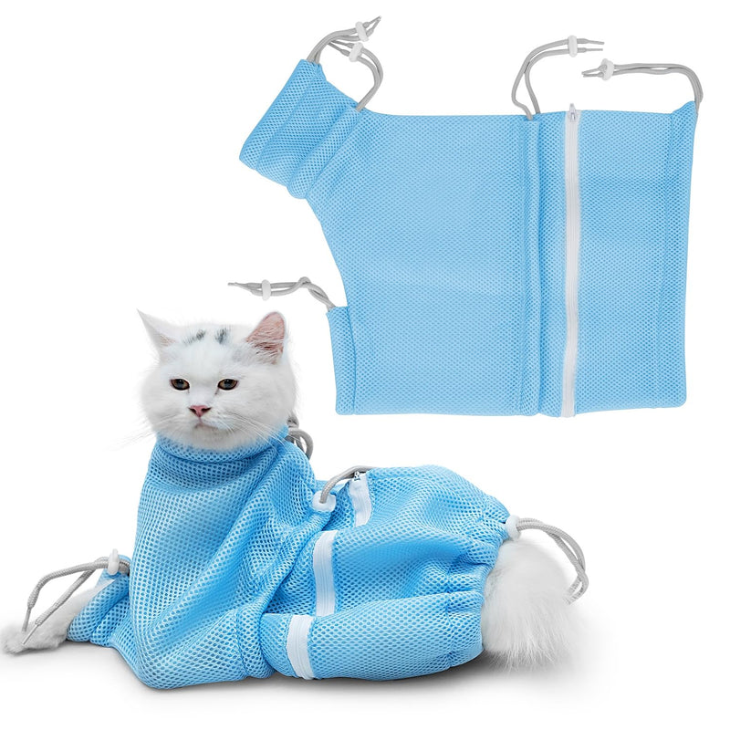 Dog Cat Bathing Bag - Anti Scratch and Bite Pet Grooming Restraint | Adjustable Mesh Groomer Bags for Bath Washing, Shower, Nail Clipping, Medication | Small to Medium Cats and Dogs (Blue) - PawsPlanet Australia