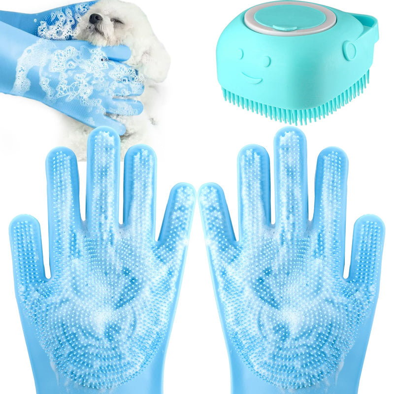 Dog Bath Brush with Gloves, Cat Bathing Gloves, Silicone Dog washing Gloves with High-Density Teeth, Dog Bath Supplies Christmas Gifts for Long Short Haired Dogs and Cats Blue - PawsPlanet Australia