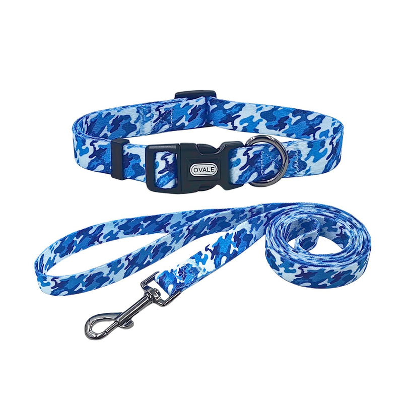 Ovale Dog Collar Leash Combo Set, Adjustable Collar and 5 ft Matching Leash, for Small Dogs.(S, Blue Camouflage) Camouflage Blue - PawsPlanet Australia