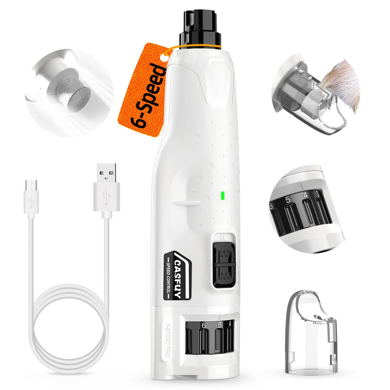 Casfuy Dog Nail Grinder Quiet - (45db) 6-Speed Pet Nail Grinder with 2 LED Lights for Large Medium Small Puppy Dogs/Cats, Professional 3 Ports Rechargeable Electric Dog Nail Trimmer with Dust Cap White - PawsPlanet Australia