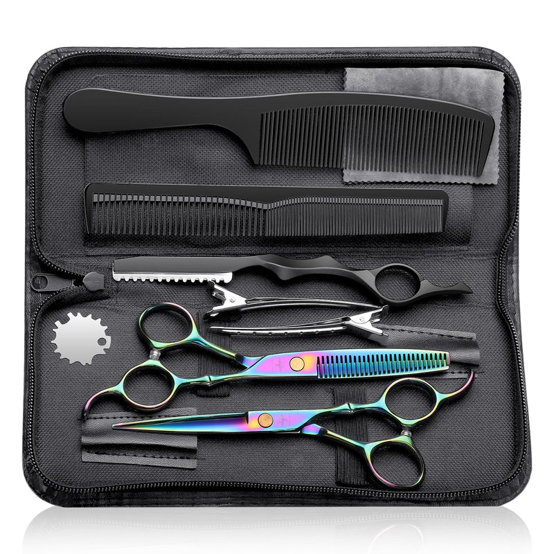 PURPLEBIRD Hair Cutting Scissors Kit, Professional Barber Scissors Hairdressing Shears Set with Stainless Steel Hair Scissor Thinning Scissor for Men Women Pet 10 Pcs Rainbow 10 Pcs Set Rinbow - PawsPlanet Australia