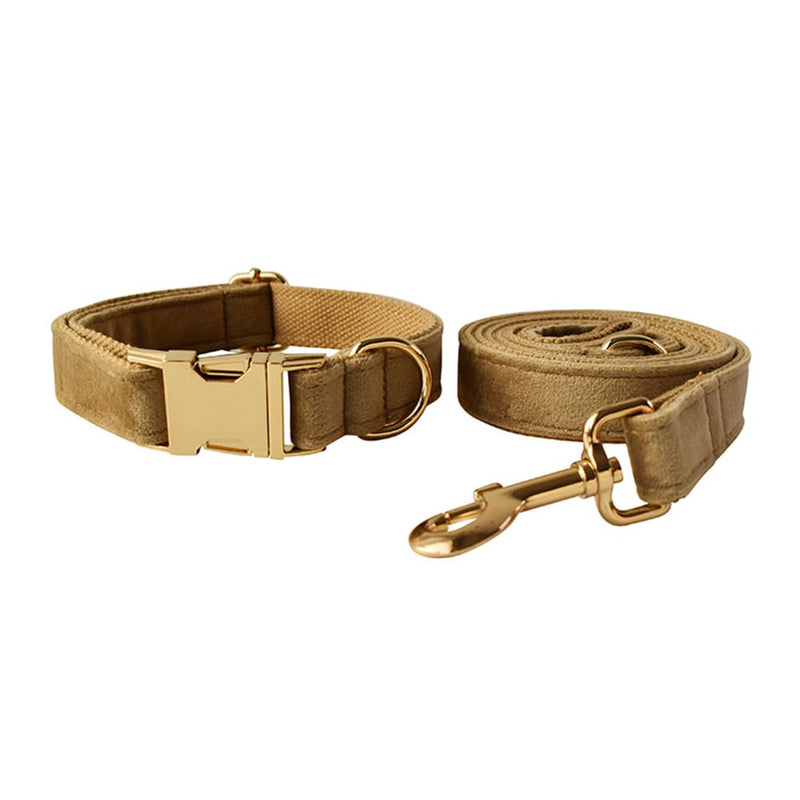JAY D.L Dog Collar and Leash Set，Soft & Comfy Velvet Dog Collars with Heavy Duty Metal Buckle and Matching Lead Adjustable for Small Medium Large Dogs (Small, Khaki) - PawsPlanet Australia