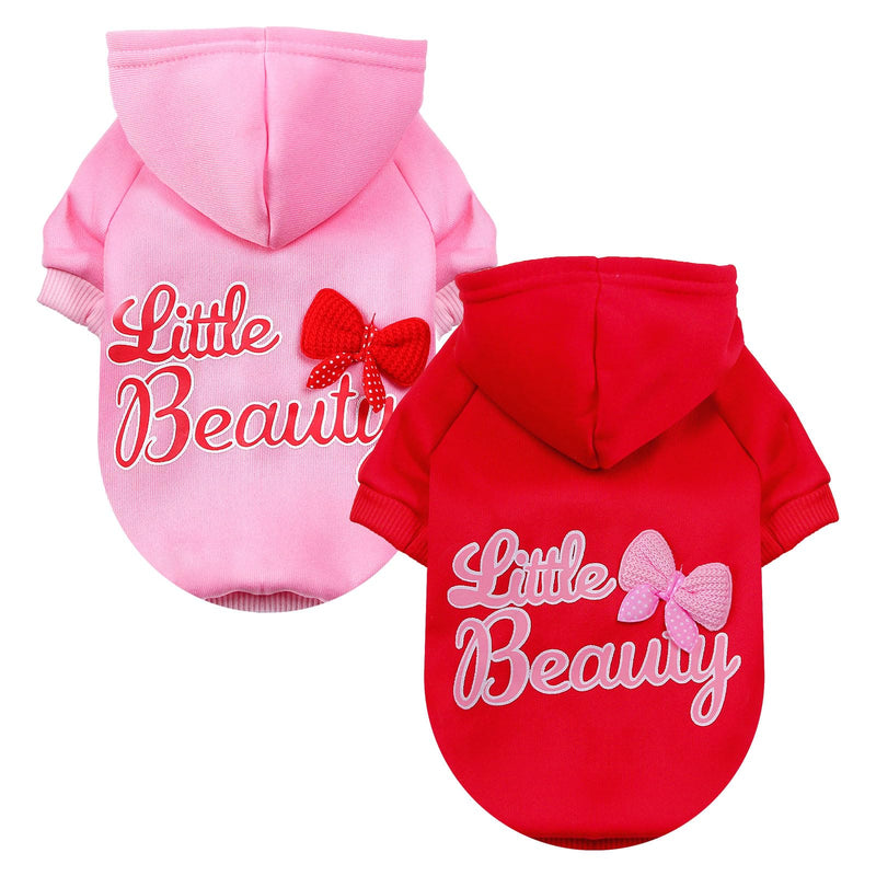 BAEJMJK 2 Pack Dog Hoodie with Hat Bowtie Girl Dog Sweatshirt with Leash Hole Soft Warm Pet Clothes Sweaters Dog Jacket Puppy Coat Doggie Apparel for Fall Winter Small Dogs Cats(Pink+Red,Medium) Medium Pink+Red - PawsPlanet Australia