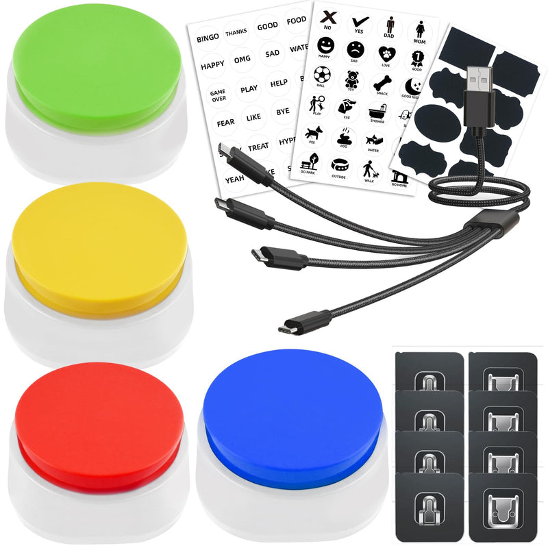 Rechargeable Dog Buttons for Communication Voice Recording Buttons for Pets Cats Dog Training Talking Buttons Sound Button Recordable Answer Buzzer (4 Packs, Red+Yellow+Blue+Green) 4 Packs - PawsPlanet Australia