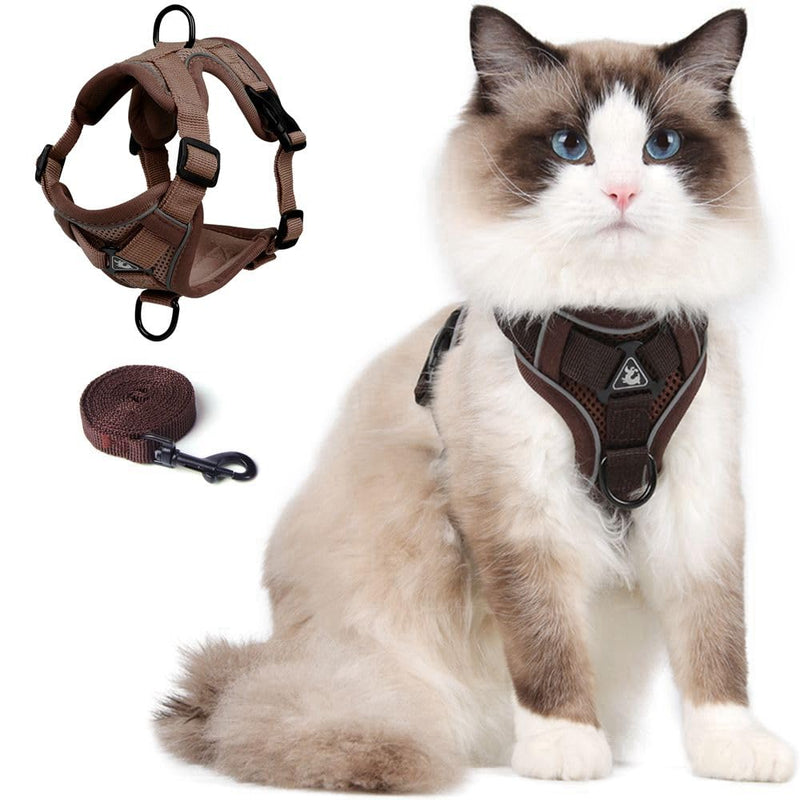 Cat Harness and Leash Set, Upgraded Escape Proof Adjustable Vest with Lead for Large Cat Small Dog Puppy Outdoor Walking, Soft Breathable Mesh Jacket with Reflective Strips for Dark Night L Brown - PawsPlanet Australia
