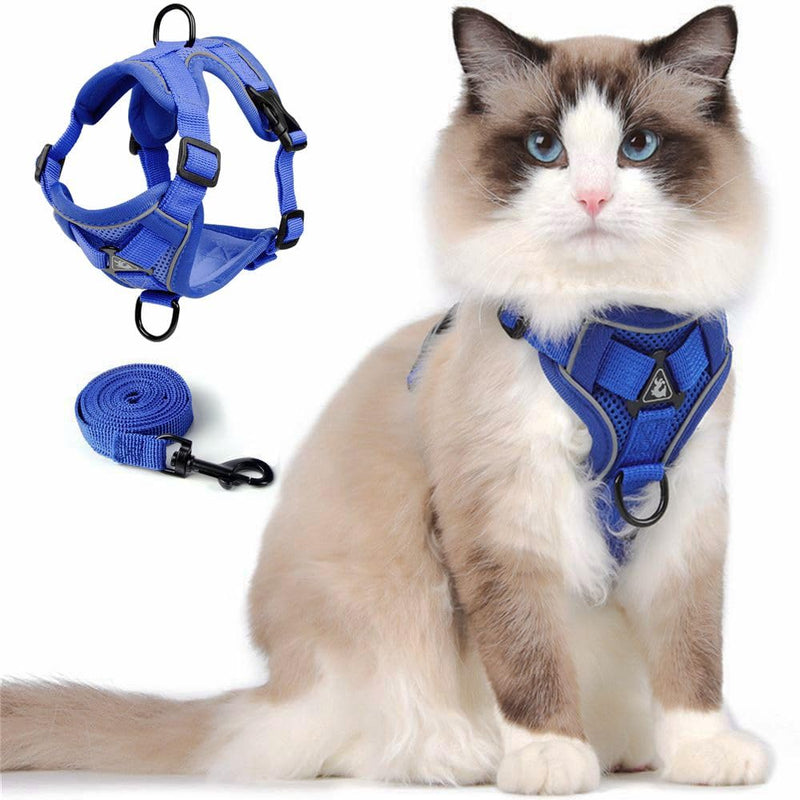Cat Harness and Leash Set, Upgraded Escape Proof Adjustable Kitten Vest with Lead for Small Cat Outdoor Walking, Soft Breathable Mesh Jacket with Reflective Strips for Dark Night (S, Klein Blue) - PawsPlanet Australia