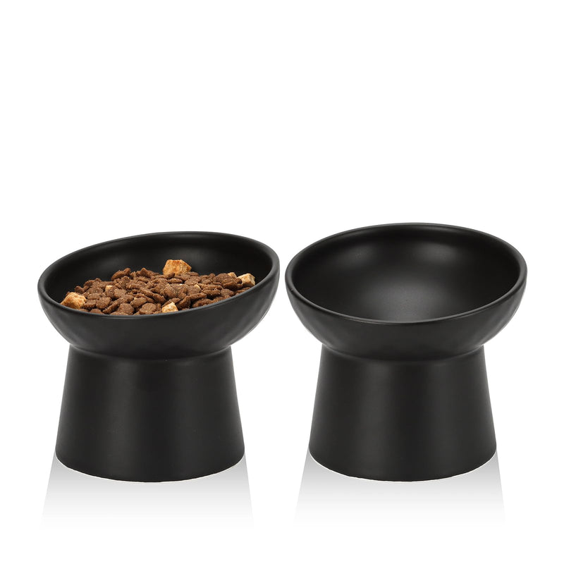YauYik Ceramic Raised Cat Bowls, Elevated Tilted Cat Food and Water Bowls Set, Stress Free Pet Feeding Dish for Indoor Cats and Small Dogs, Anti Vomiting, Black, 2 Pack BLACK-2 PC