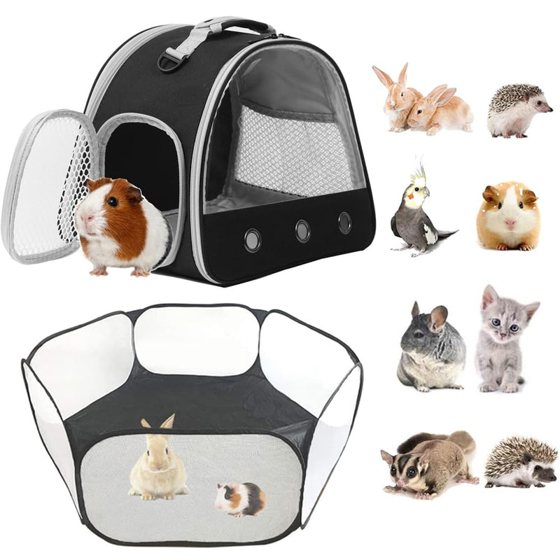2-Pack Guinea Pig Carrier and Playpen Set - Breathable Pet Playpen Pop Open Outdoor/Indoor Exercise Fence, Portable Small Animal Backpack for Bearded Dragon, Rabbits, Hamster, Chinchillas Black TPU Carrier+Playpen