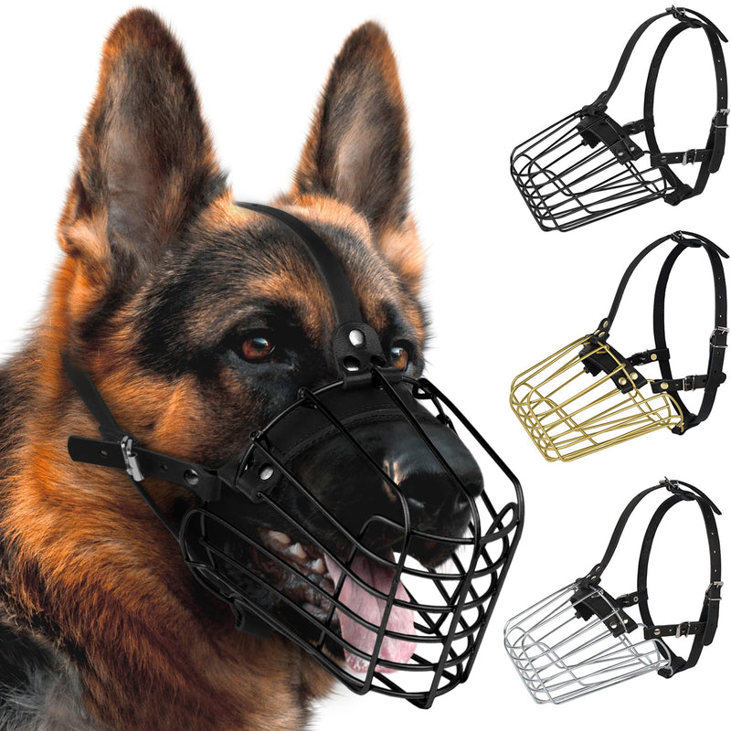 German Shepherd Dog Muzzle Metal Basket for Medium Large Dogs Adjustable Durable Leather Straps Secure Wire Mask for Biting Chewing Barking (Black, L - Size) Black - PawsPlanet Australia