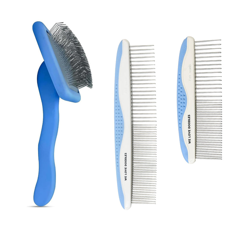 We Love Doodles Dog Grooming Comb Set & Large Dog Slicker Brush Bundle - Grooming Comb & Long Pin Brush for Dogs Kit - Removes Tangles & For Dematting - Brush for Shedding - Made in USA - PawsPlanet Australia