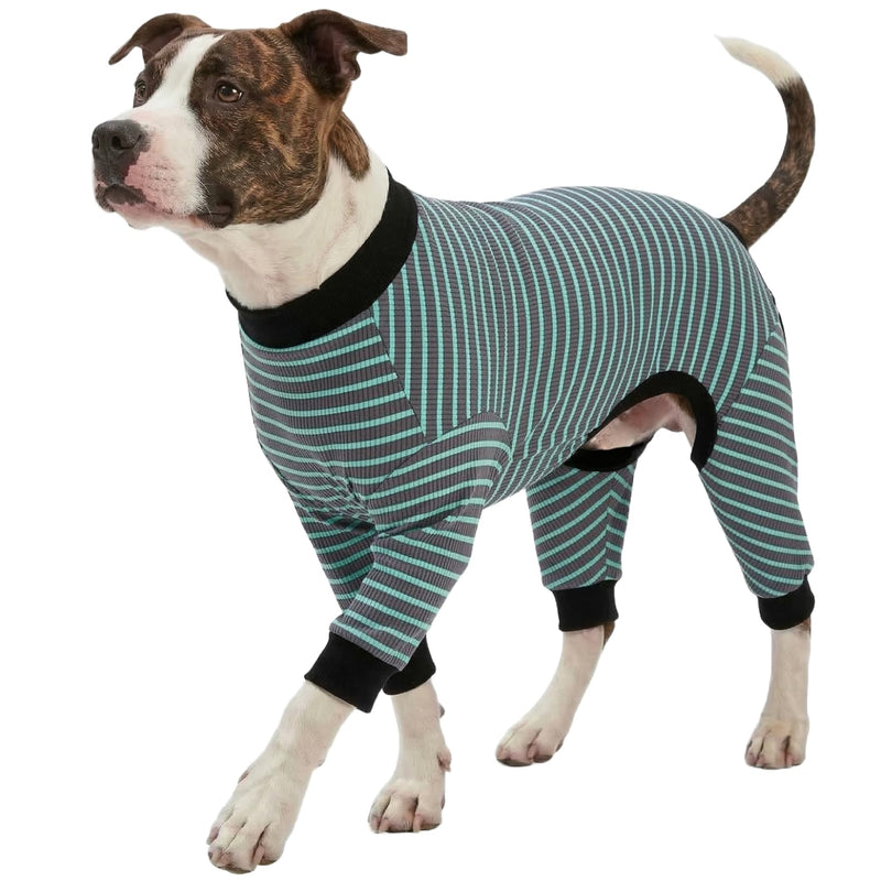 LovinPet Dog PJS Apparel for Large Dogs, Pure Cotton Cyan Blue Stripe Dog Shirt, 4-Legged Design, Full Body Coverage, Pajamas for Pitbulls, Onesies for Dogs, XL X-Large - PawsPlanet Australia