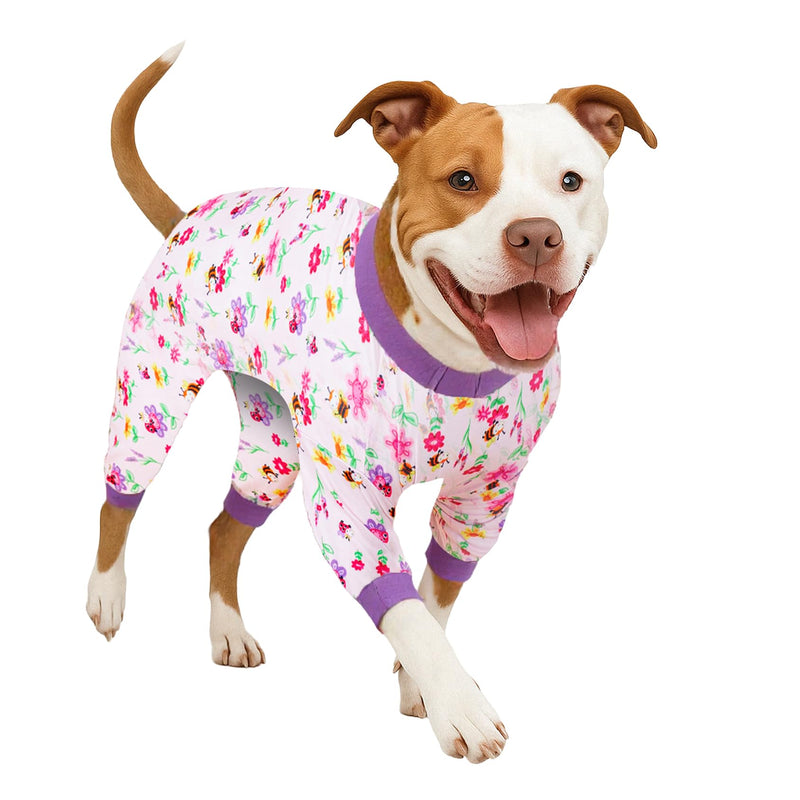 LovinPet Large Sized Dog Anxiety Calming Shirt,Pink Bees & Flowers Pink Print, Pajamas for Pitbulls, Onesies for Dogs, XL