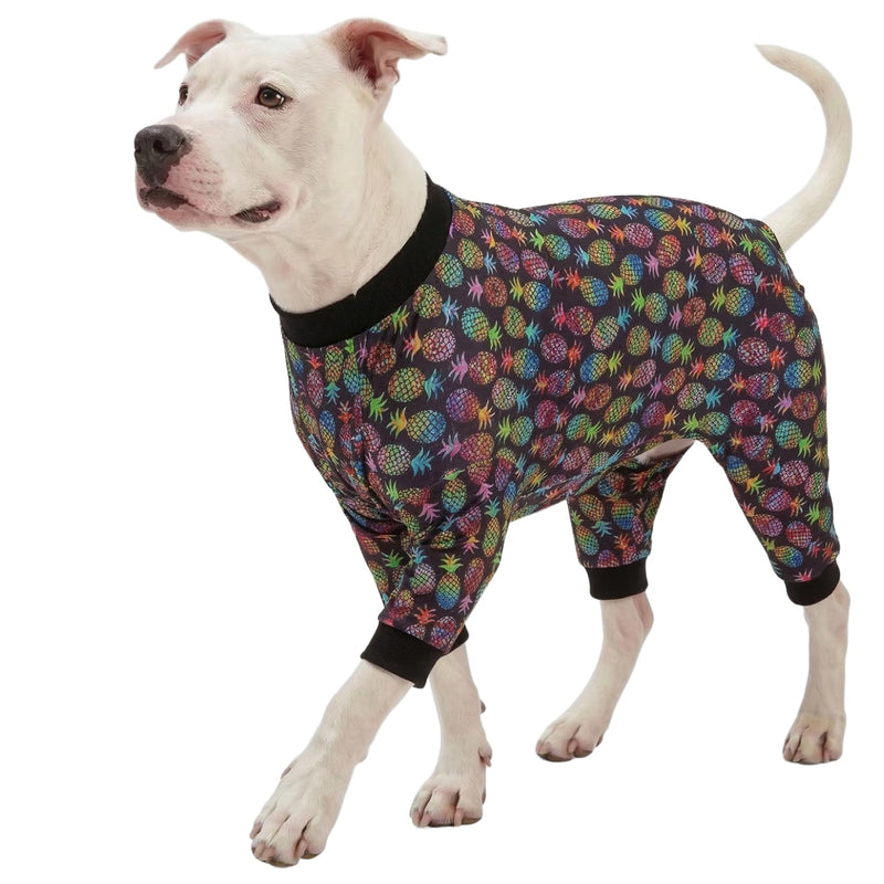 LovinPet Large Dog Clothes for Pitbulls Male, Dog Onesie with Uv Protection,Anxiety Calming Dog Shirt,Lightweight Fabric,Pinapple Paradise Black Print, Onesies for Dogs, Pajamas for Pitbulls, 2XL