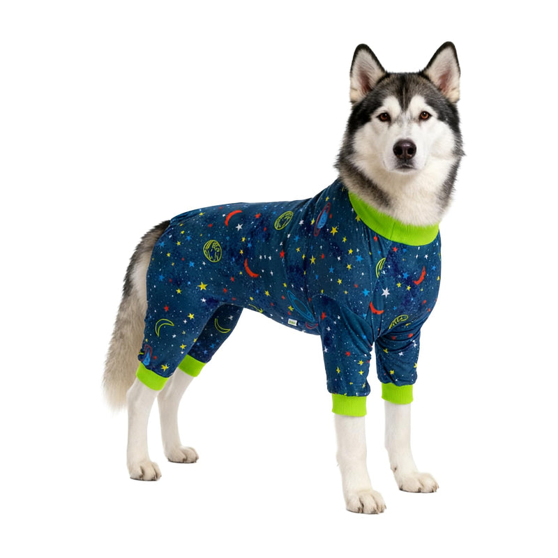 LovinPet Dog PJs Outfits for Female Dogs, Anxiety Relief Onesie, Navy Space Print, Large PJs, Pullover Breed Clothes, Surgery Recovery Suit Undershirt for Sweater,3XL XXX-Large - PawsPlanet Australia