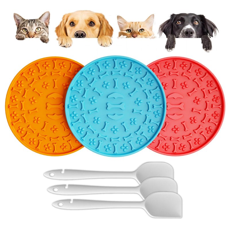 Lick Mat for Dogs & Cats 3 Pack - Silicone Dog Lick Mat with Suction Cups - Anxiety Relief/Promotes Healthy Eating/Frozen & Dishwasher Safe - Pet Peanut Butter Lick Pad LPFALASAT (Blue Orange Red) round - PawsPlanet Australia