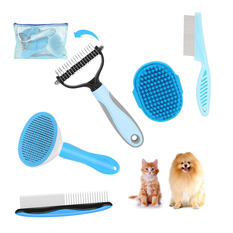 5-in-1 Grooming Kit - Supplies for Short and Long Hair Dogs, Bath Brush, Dematting Rake and Comb (Set of 5, Blue) Set of 5 - PawsPlanet Australia