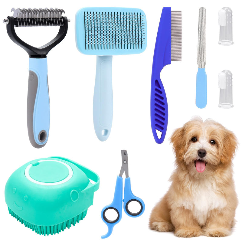 VCZONE 8 Pcs Dog Brush Grooming Kits, Includes Pet Nail Clipper and File, Flea Comb, Pet Shampoo Bath Brush, Pet Shedding Brush, Pet Dematting Comb, Silicone Toothbrush (Blue) Blue - PawsPlanet Australia