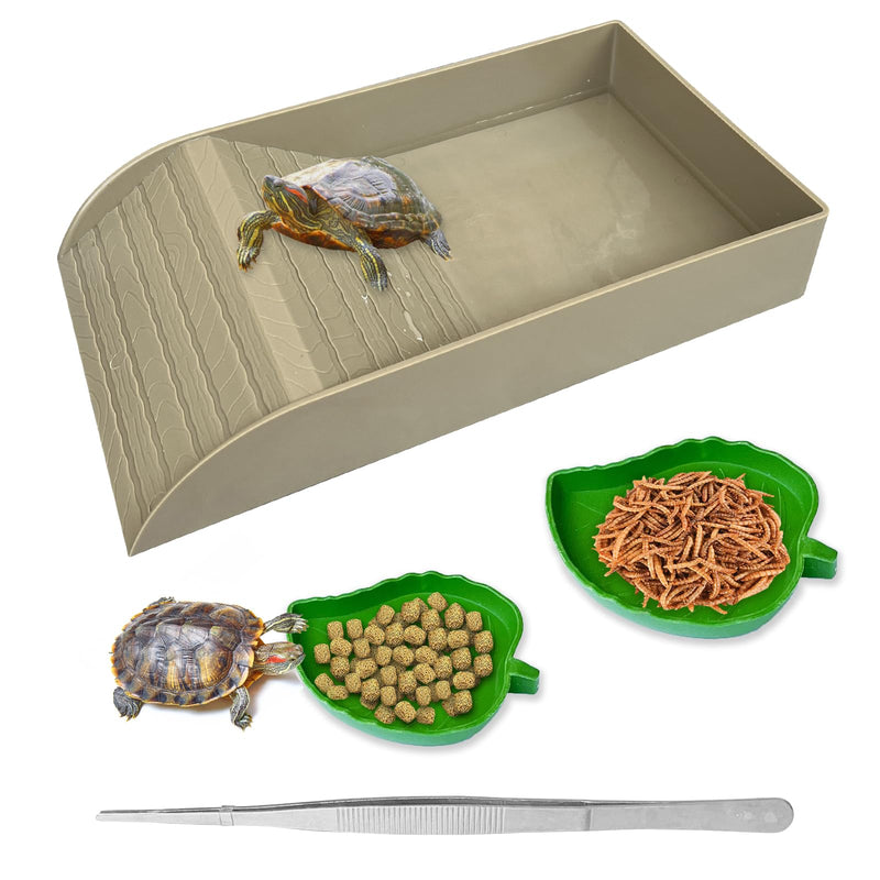 Tortoise Feeding Dish with Ramp and Basking-Platform - Leaf Tortoise Water Food Bowls, Reptile Water Dish Amphibians Habitat, Reptile Water Bowl Fit for Amphibians with Forcep Cleaning Clip Brown - PawsPlanet Australia