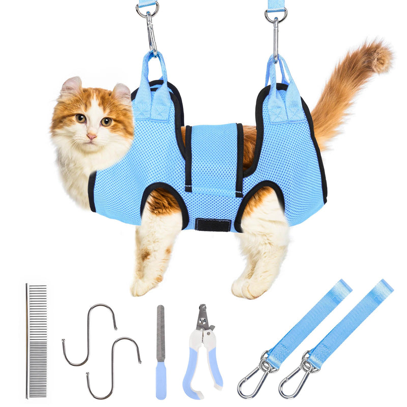 PatiencET Cat Grooming Hammock for Nail Trimming Pet Hammock for Small Dogs with Security Strap Dog Sling for Nail Clipping with Clippers Nail File and Pet Comb (Cerulean XS) Cerulean - PawsPlanet Australia