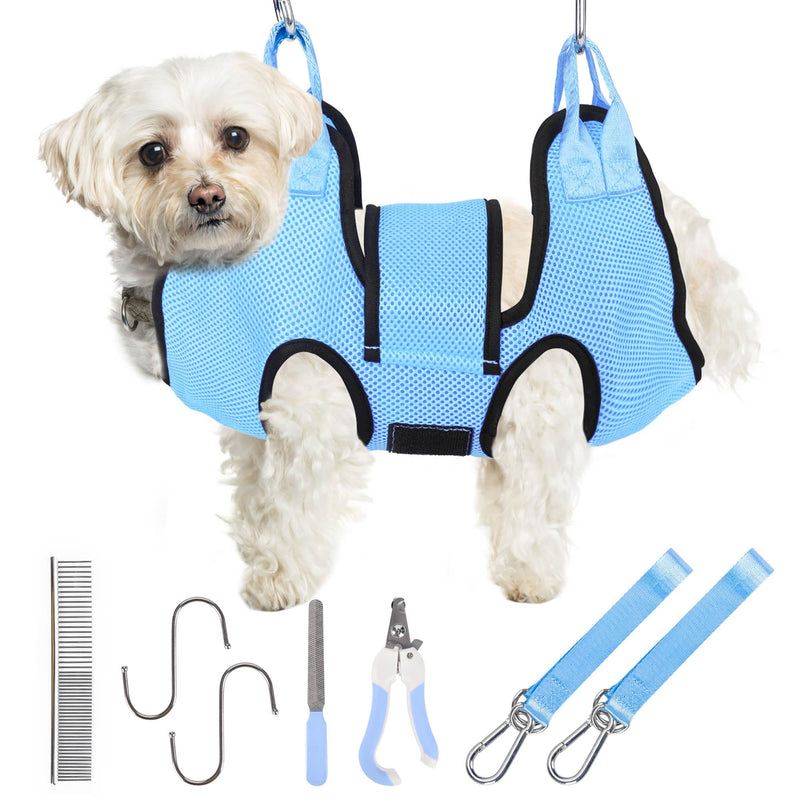 PatiencET Dog Grooming Hammock for Nail Trimming Pet Hammock for Small Dogs with Security Strap Cat Sling for Nail Clipping with Clippers Nail File and Pet Comb (Cerulean S) Cerulean - PawsPlanet Australia