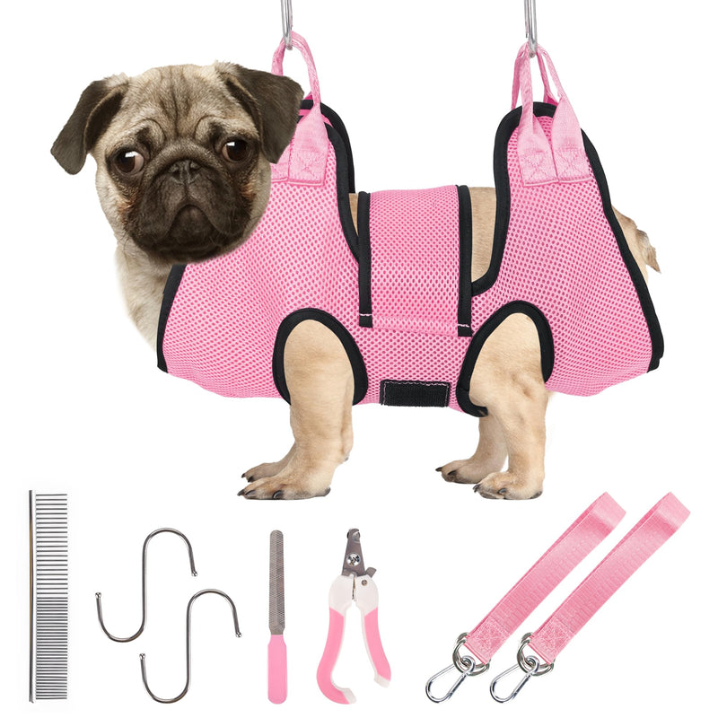 PatiencET Dog Grooming Hammock, Pet Grooming Hammock for Cats & Dogs with Security Strap, Dog Sling for Nail Trimming with Nail Clippers/Trimmer, Nail File, Pet Comb(Pink S) Pink - PawsPlanet Australia