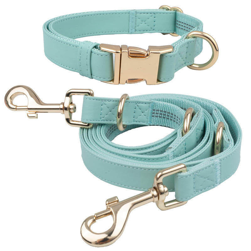 Leather Dog Collar and Leash Set 7FT Reflective at Night - Soft and Easy to Clean Vegan Leather with Gold Metal Buckle for Small Medium Large Dogs (S, Sea Green) S