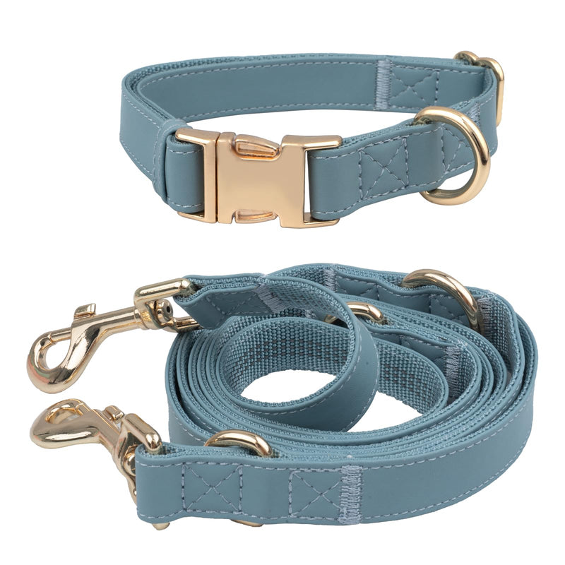 Multifunctional Reflective Leather Dog Collar and Leash Set 7FT, Easy to Clean Leather Leash Collar with Gold Metal Buckle(L, Grey Blue) L - PawsPlanet Australia