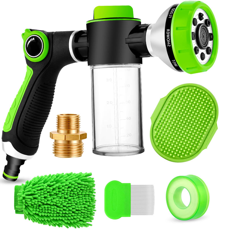 2-in-1 Dog Shower Attachment for Indoor Shower Hose & Outdoor Garden Hose, 8 Sprayer Modes Pup Jet Dog Wash Hose Attachment with Soap Dispenser, Ideal for Car Wash and Pet Shower(Hose Not Include) Green - PawsPlanet Australia