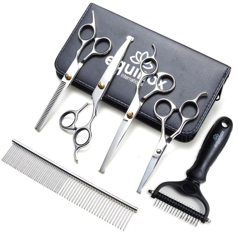 Equinox Dog Grooming Scissors & Deshedder - 7 in 1 Pet Grooming Scissors Set with undercoat brush - Curved Dog Scissors with safety tips - Includes Thinning & Rounded Shears - For dogs & cats Silver- Pet Grooming - PawsPlanet Australia