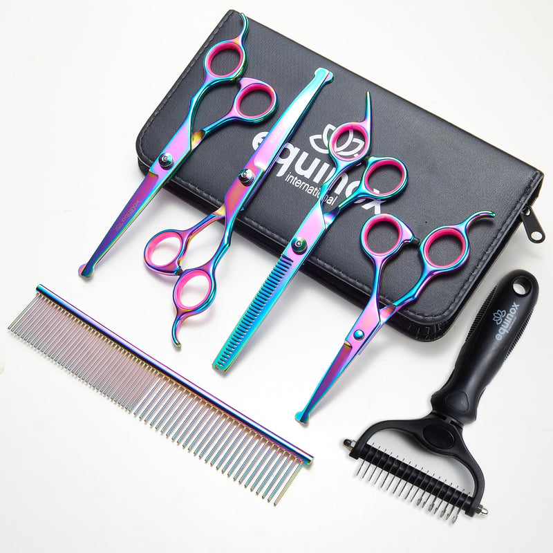 Equinox Dog Grooming Scissors & Deshedder - 7 in 1 Pet Grooming Scissors Set with undercoat brush - Curved Dog Scissors with safety tips - Includes Thinning & Rounded Shears - For dogs & cats Rainbow- Pet Grooming - PawsPlanet Australia
