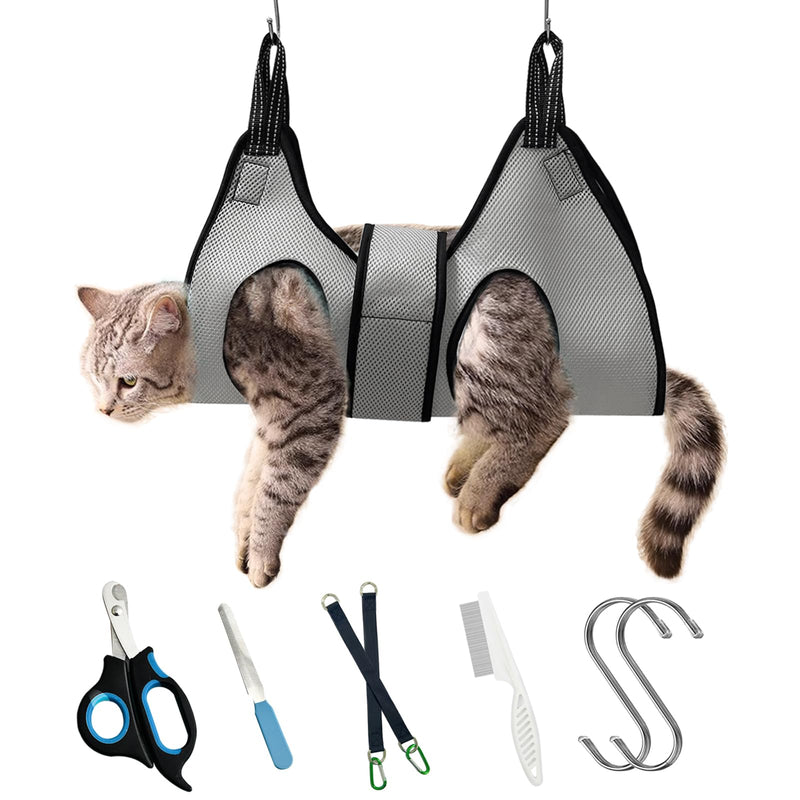 Pet Grooming Hammock with Safety Belt for Nail Clipping, Cat Bathing Bag for Nail Trimming, Dog Grooming Harness (XS, Check Size Chart) XS grey - PawsPlanet Australia