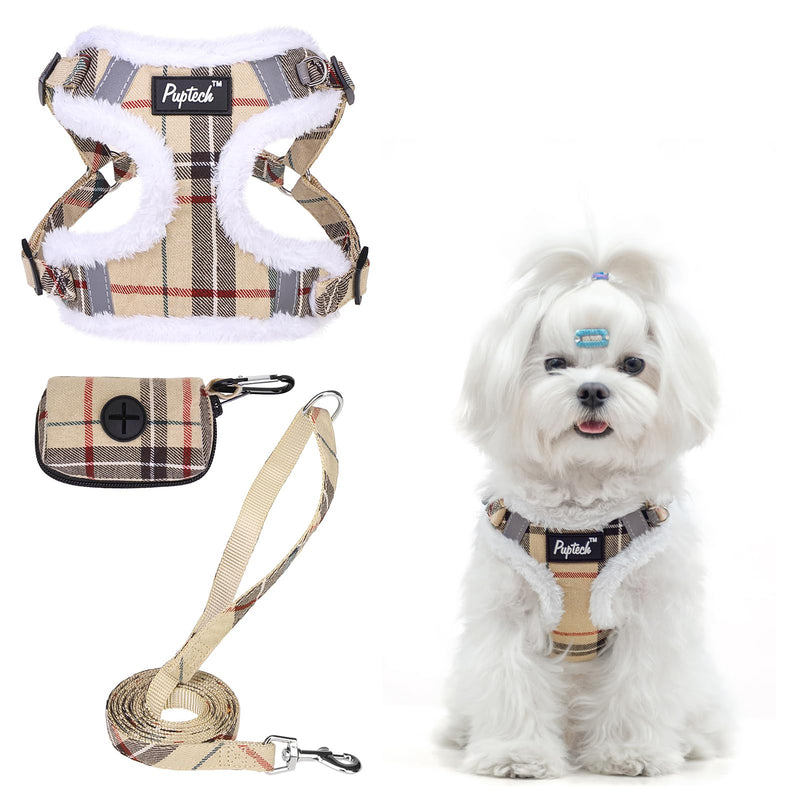PUPTECK Dog Harness and Leash Set Small Sized, Step in No Pull Adjustable Puppy Cat Harness Reflective Pet Vest S (13-17lbs, Chest 15"-18") #3 Beige(Plush Plaid) - PawsPlanet Australia