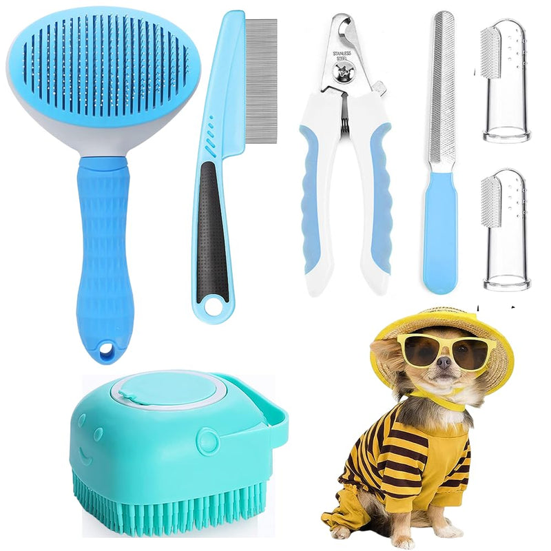 7pcs Pet Grooming Kit, Self-Cleaning Brush Shedding Kit with Nail Clipper, Flea Comb, Shampoo Bath Brush, Finger Toothbrush, Storage Bag (Blue) Blue - PawsPlanet Australia