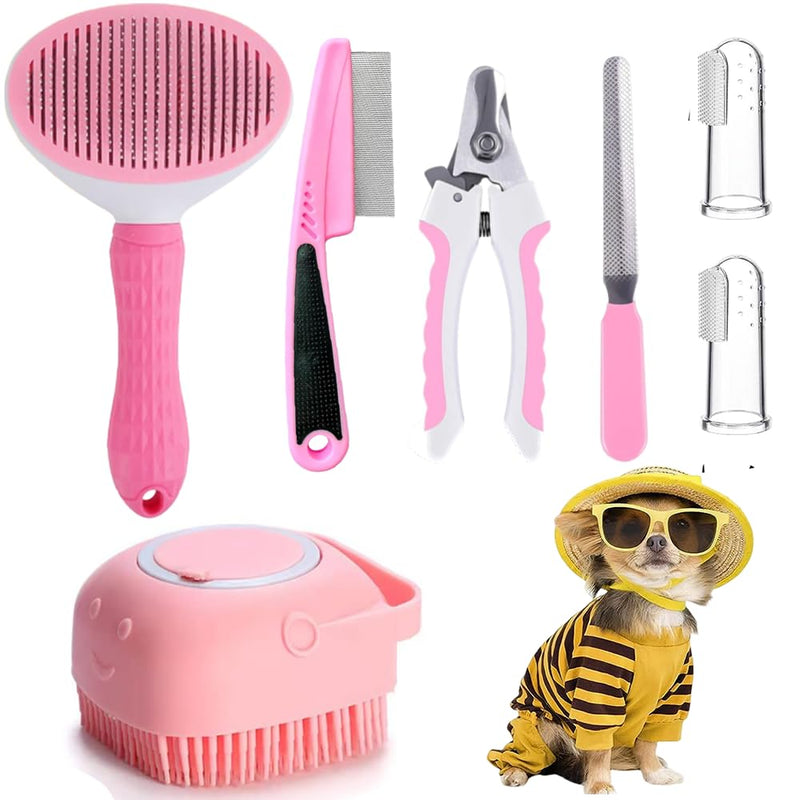 7 Pcs Cat Dog Brush Grooming Kits, Self-Cleaning Slicker Brush, Pet Nail Clipper and File, Flea Comb, Pet Shampoo Bath Brush, Pet Finger Toothbrush, Storage Bag (Pink) Pink - PawsPlanet Australia