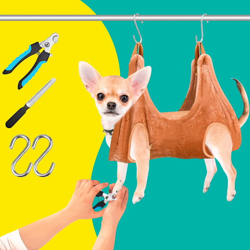 WSCXSC Dog Grooming Kit, Dog Grooming Supplies, Dog Grooming Hammock, Dog Grooming Harness, Dog Nail Clippers, Dog Nail Grinder, Hooks, Dog Hammock Kit for Nail Trimming/Hair Trimming(Coffee, XS) Coffee - PawsPlanet Australia
