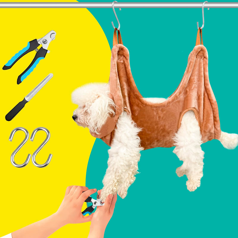 Dog Grooming Kit, Dog Grooming Supplies, Dog Grooming Hammock, Dog Grooming Harness, Dog Nail Clippers, Dog Nail Grinder, Hooks, Dog Hammock Kit for Nail Trimming/Hair Trimming(Coffee, S) Coffee - PawsPlanet Australia