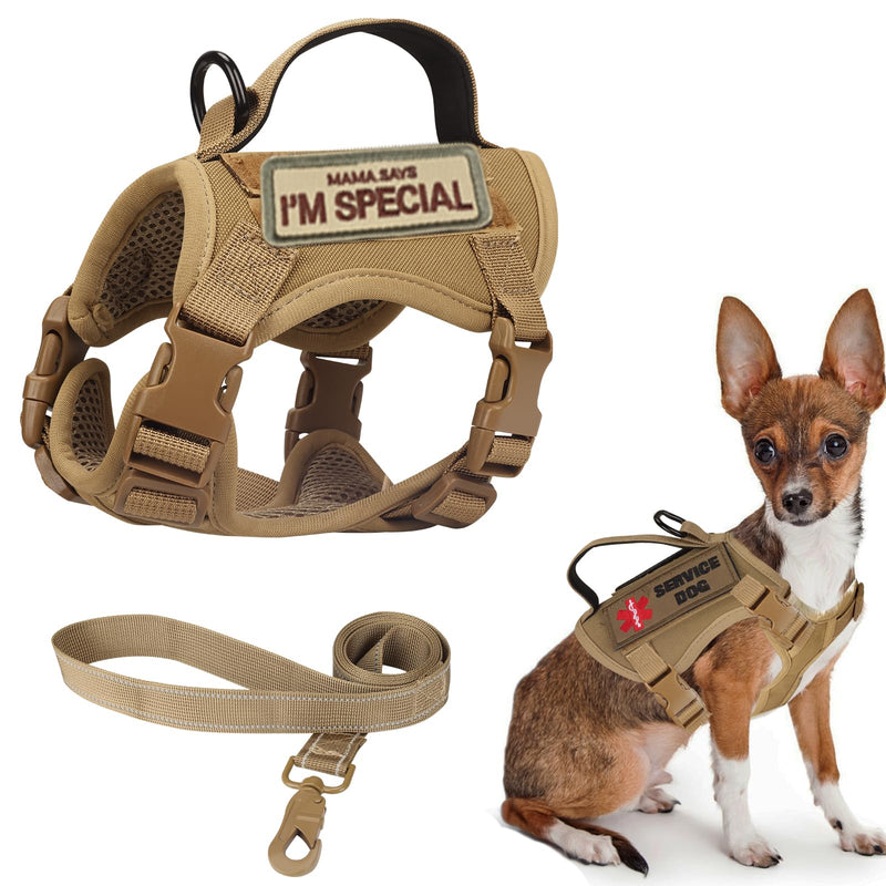 Tactical Dog Harness for Small Dogs, Military Puppy Vest Harness and Leash for Outdoor Training, Adjustable Service Dog Vest with Handle, 3 Patches XS Khaki - PawsPlanet Australia