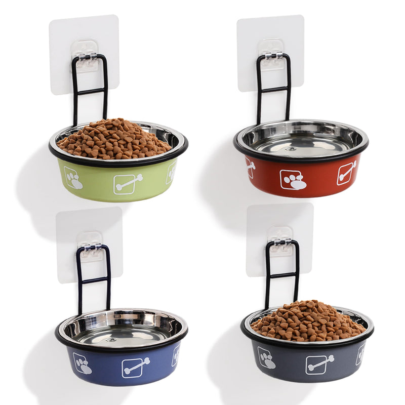 4PCS Multi-Color Raised Pet Bowls, Wall Mounted Elevated Food and Water Bowls, Stainless Steel Hanging Pet Feeding Bowls with Stand, Nonslip Red+Green+Grey+Blue Stainless Steel Bowls