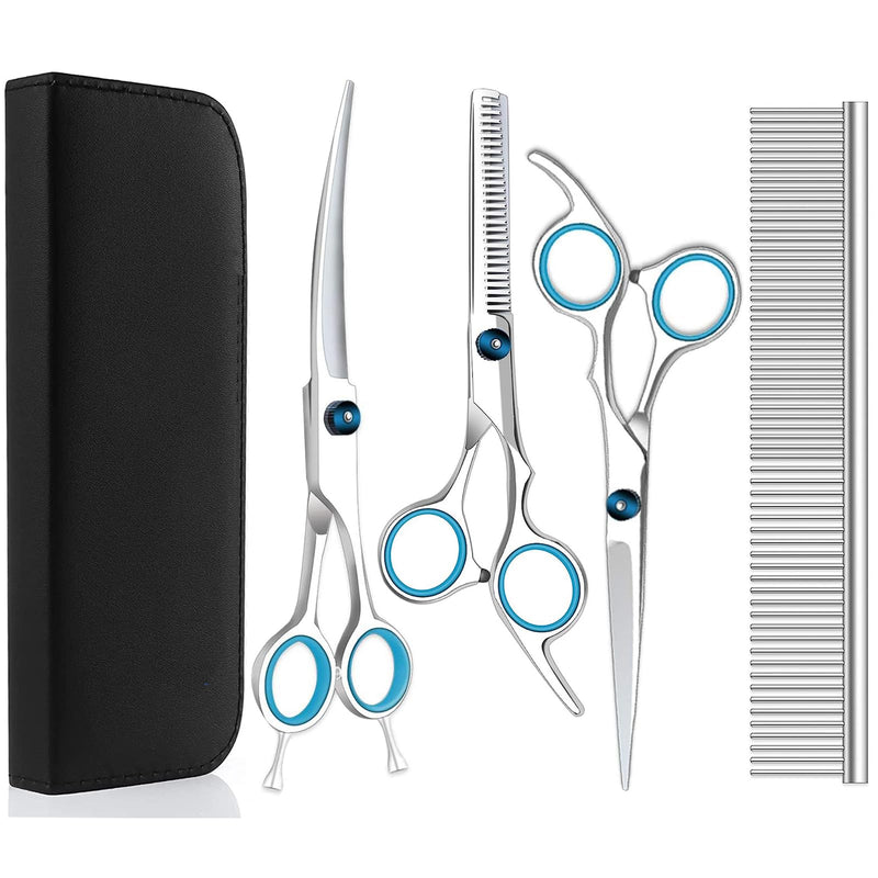 7 Inch Professional Dog Grooming Scissors Set with Safety Round Tip 4CR Stainless Steel Pet Grooming Shears for Cats & Dogs (Blue) Blue - PawsPlanet Australia