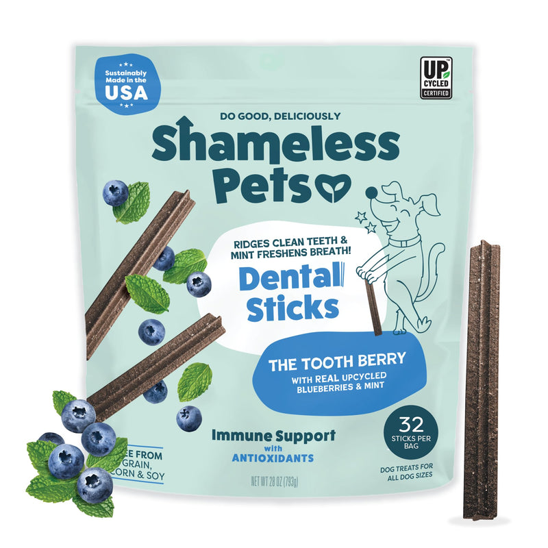Shameless Pets Blueberry & Mint Dental Chews for Dogs, 32 Chews - Natural Dog Teeth Cleaning Treats with Fresh Breath Benefits | Grain-Free Dental Sticks for Small, Medium & Large Dogs The Tooth Berry 1.75 Pound (Pack of 1)