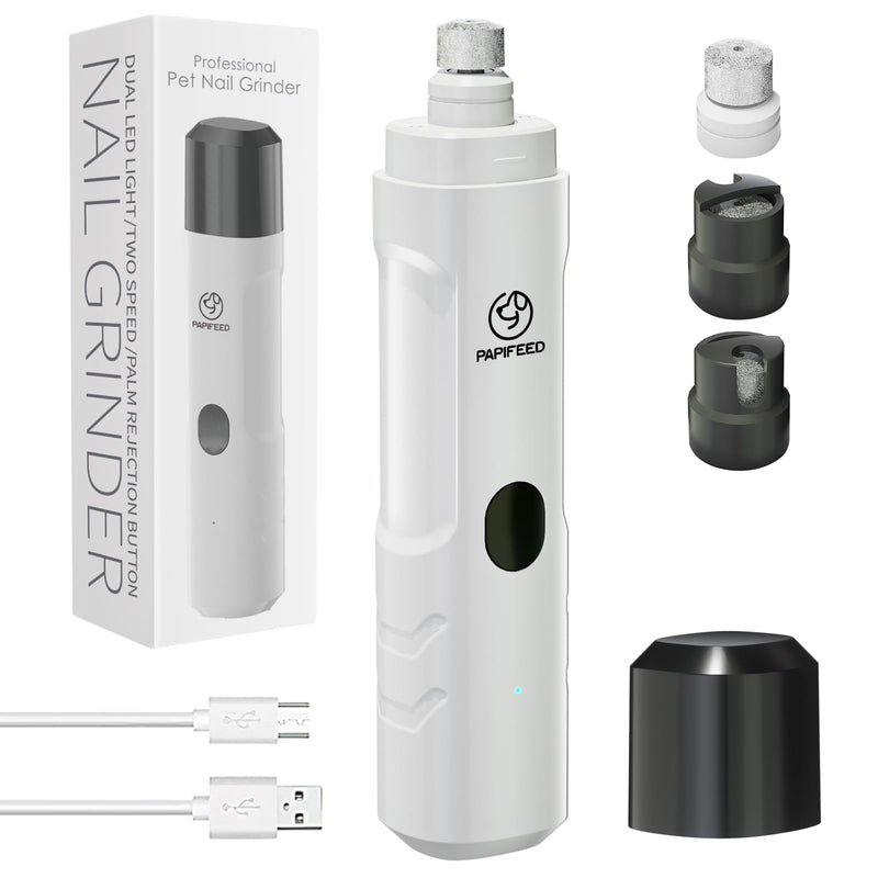Dog Nail Grinder with 2 LED Light,3-Speed Rechargeable Dog Nail Trimmer, Upgraded Powerful Electric Dog Toe Nail File Quiet Painless, Paws Grooming for Small Medium Large Dogs Cats-White White - PawsPlanet Australia