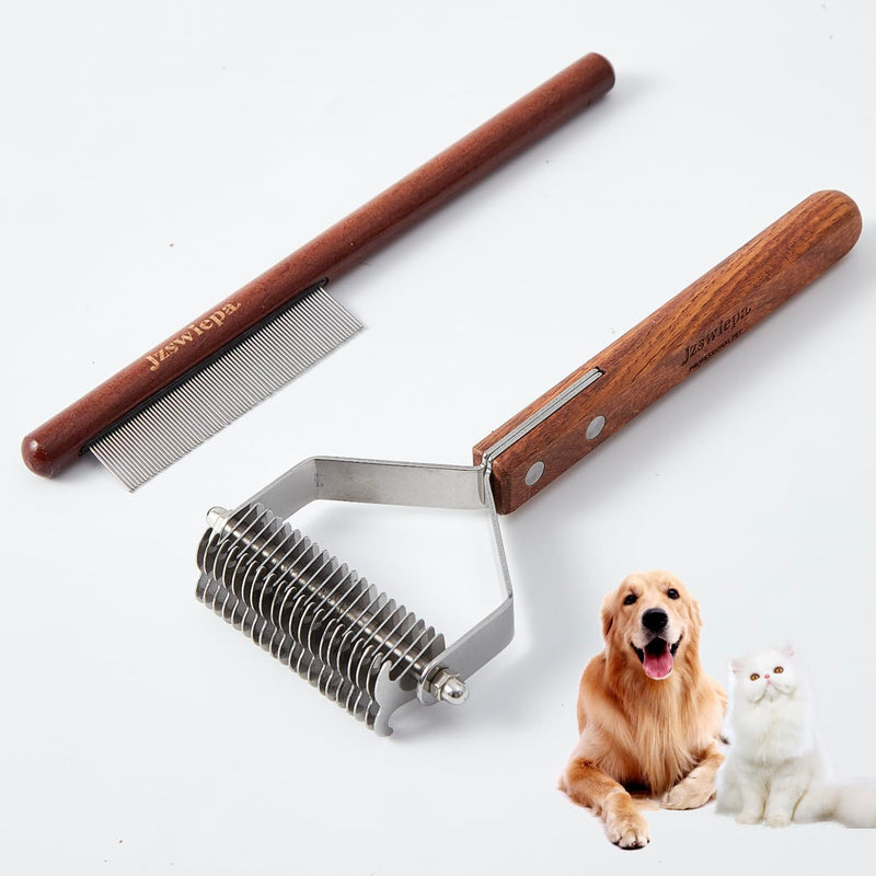 Pet Dematting Rake with 2 Sided Professional Pet Grooming Rake for Dogs and Cats 20-Blades Deshedding Detangle Thinning Undercoat Comb and Face Comb Kit with Wooden Handle - PawsPlanet Australia