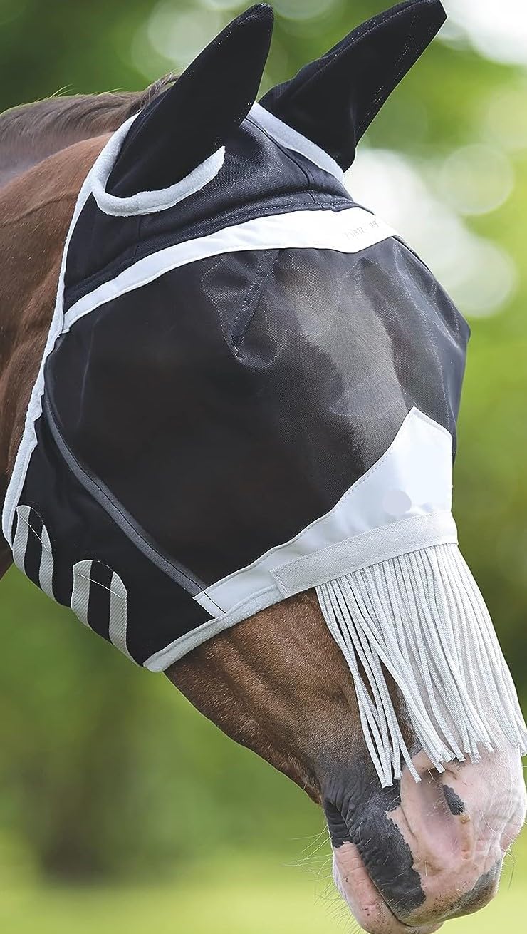 Fine Mesh Horse Equine Fly Mask with Ears & Nose Fringe UV Protection Black (Full Horse) - PawsPlanet Australia