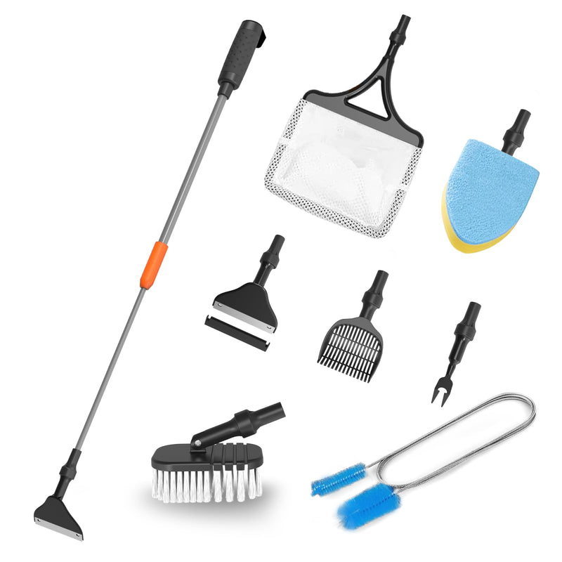 7-in-1 Aquarium Cleaning Tool, Fish Tank Cleaner with Telescopic Handle,Aquarium Scraper,Adjustable Angle Brush,Gravel Rake,Plant Fork,Adjustable Angle Flat Sponge,Large Fish Net,Hose Brush - PawsPlanet Australia