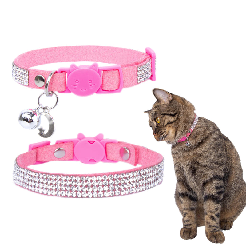 Rhinestone Cat Collar Breakaway with Bell Safety Buckle, Adjustable Diamond Girl Kitty Collar Quick Release for Kitten Tiny Little Pets, 6"-9" Pink Extra Small XS, adjustable range 6"-9" Pink, Pack of 1 - PawsPlanet Australia