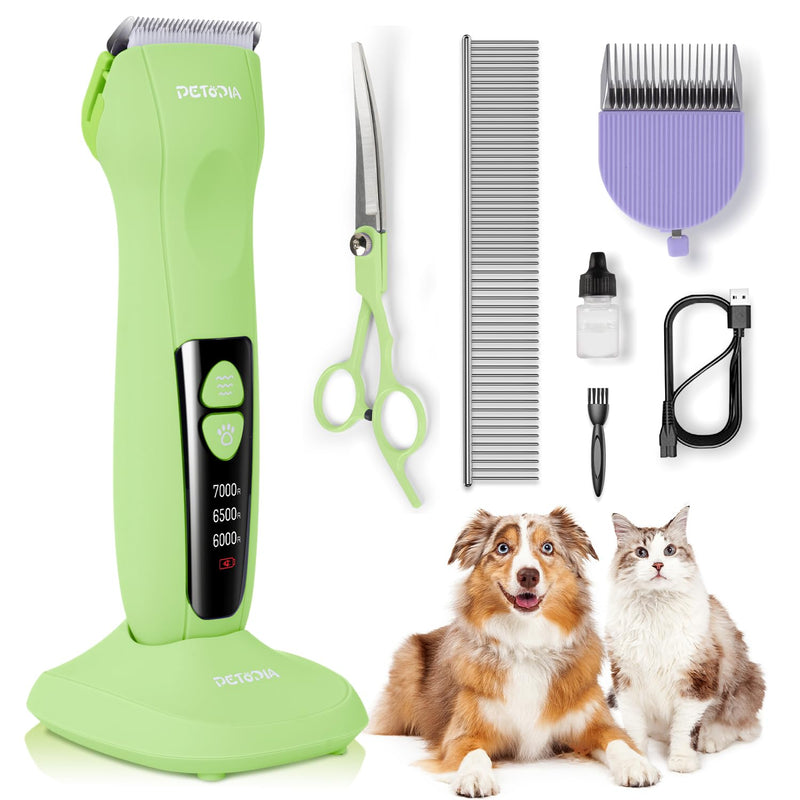 Professional Dog Clippers for Grooming, Low Noise Electric Quiet Dog Grooming Kit, Rechargeable Cordless Dog Shaver Clippers, with 9mm Blade for Dogs Cats Pets (Green) Green - PawsPlanet Australia